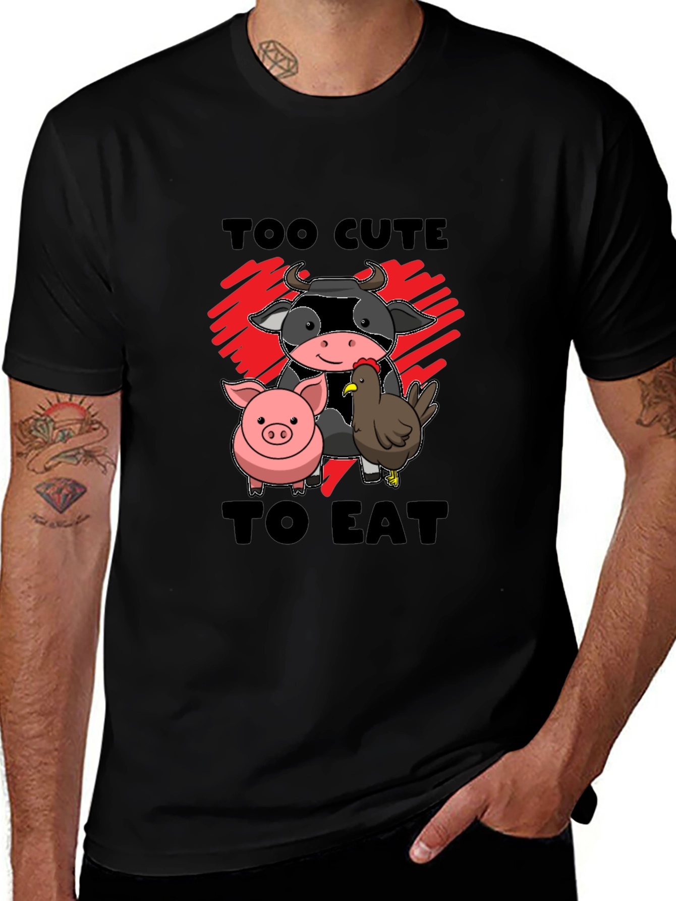 Too Cute To Eat Vegan Animal Lover Black T-Shirt