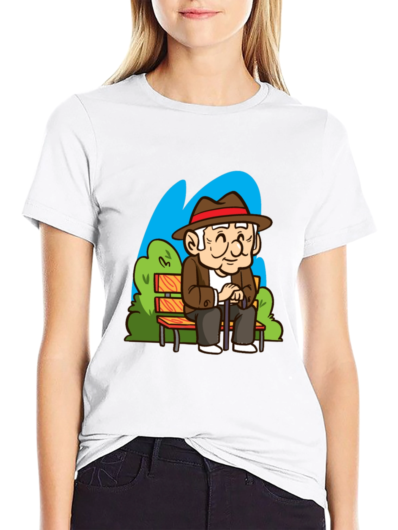 Cartoon Old Man on Park Bench T-Shirt