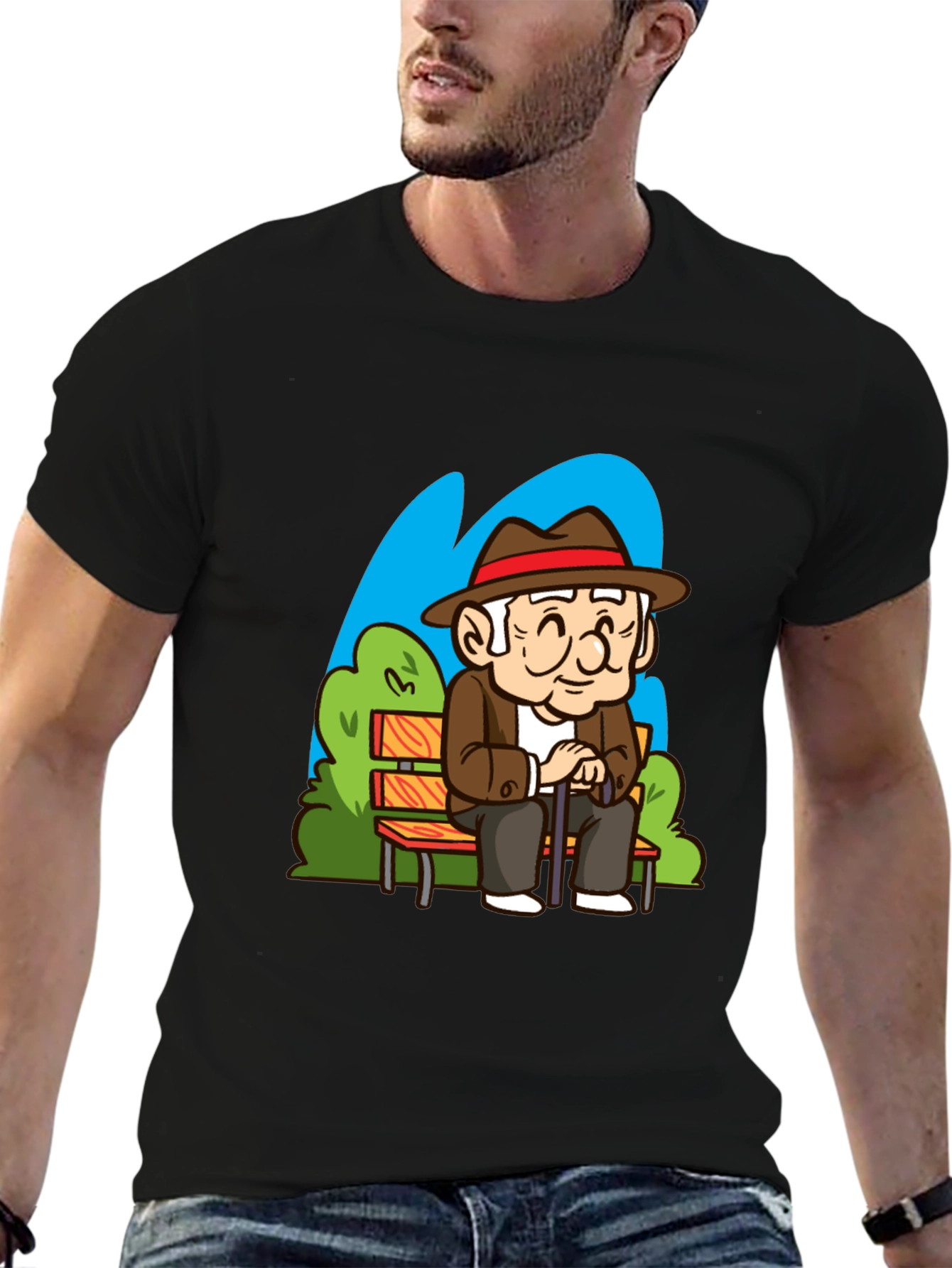 Cartoon Old Man on Park Bench T-Shirt