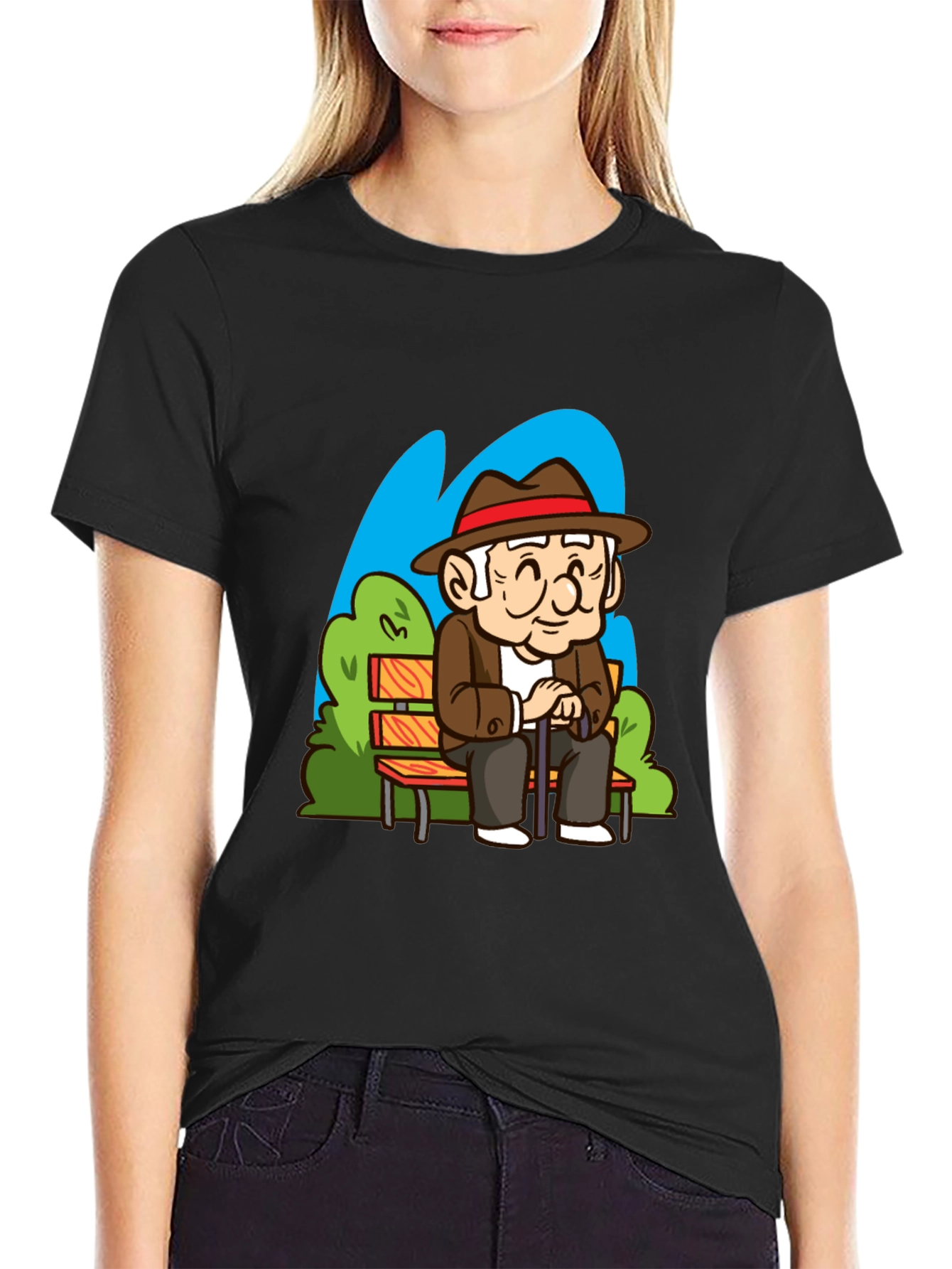 Cartoon Old Man on Park Bench T-Shirt