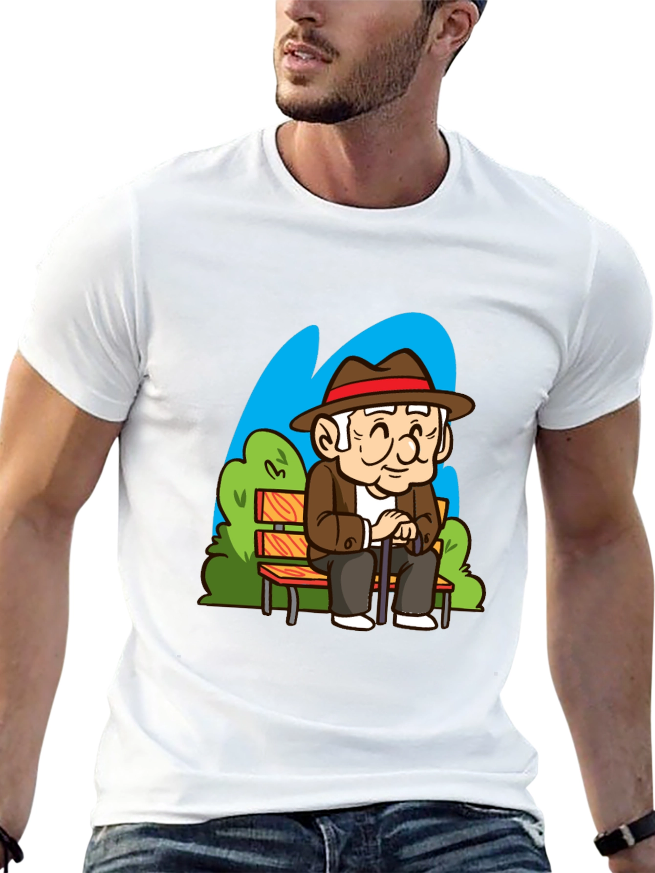 Cartoon Old Man on Park Bench T-Shirt