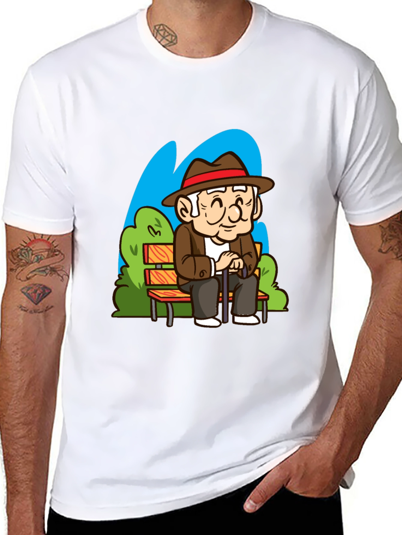 Cartoon Old Man on Park Bench T-Shirt