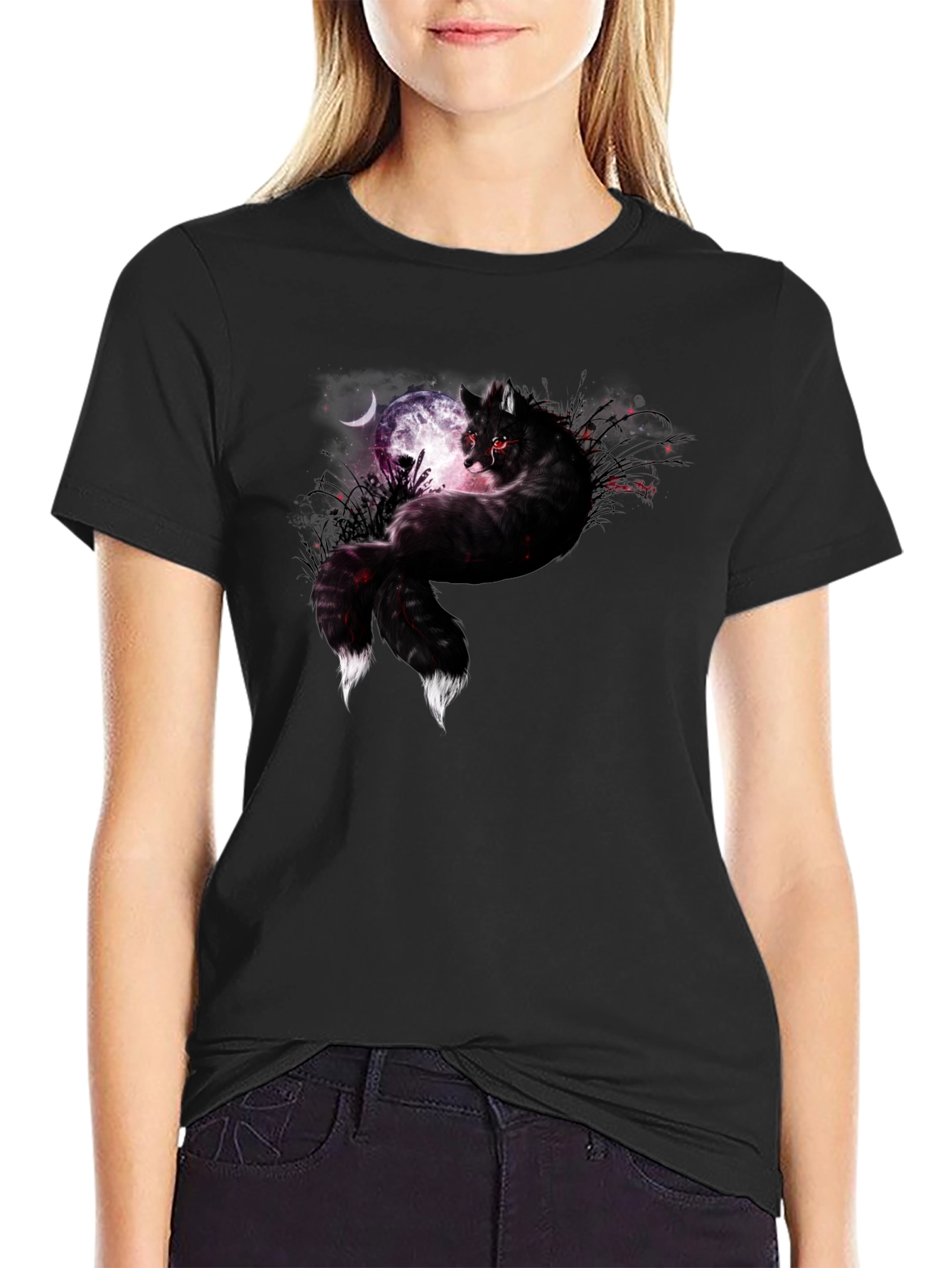 Mystic Night Wolf Graphic Tee - Black