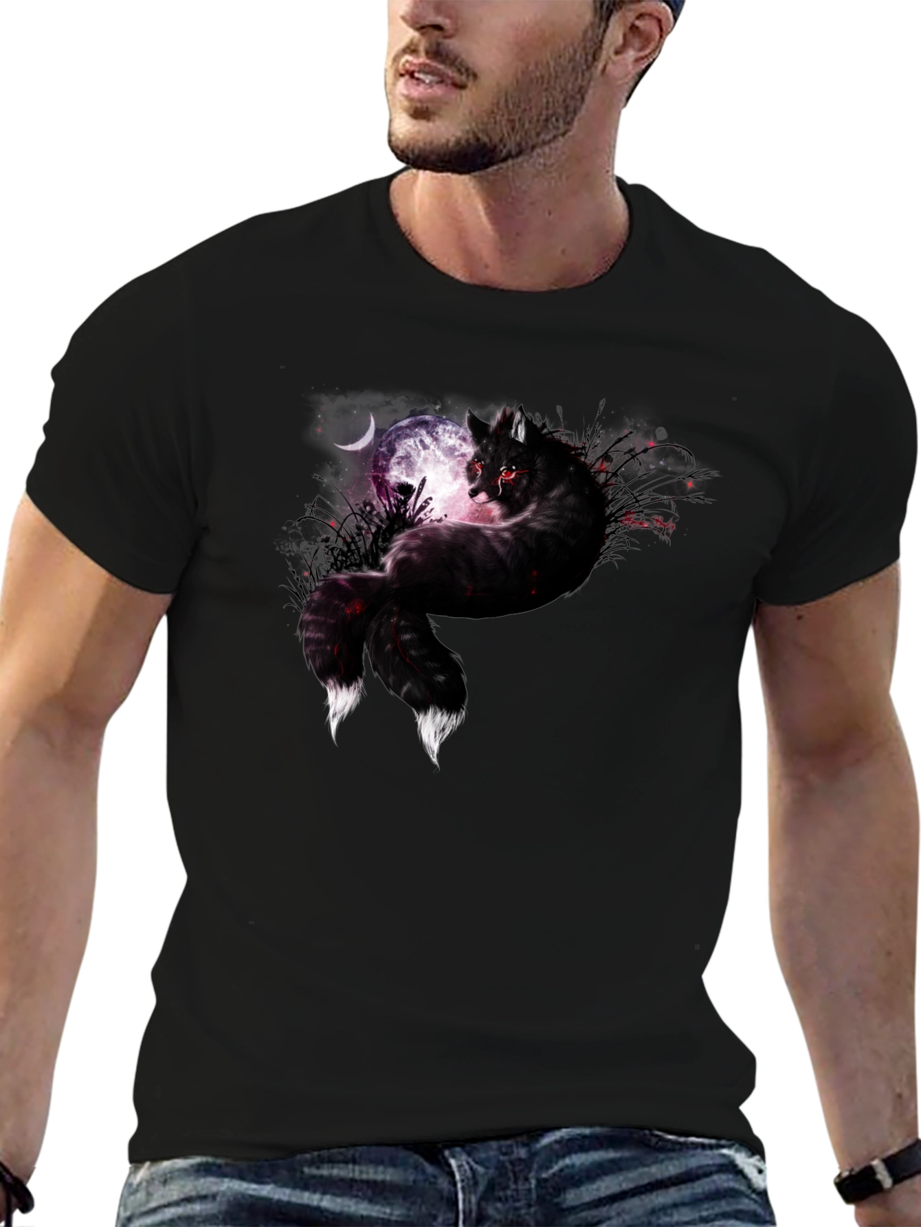 Mystic Night Wolf Graphic Tee - Black