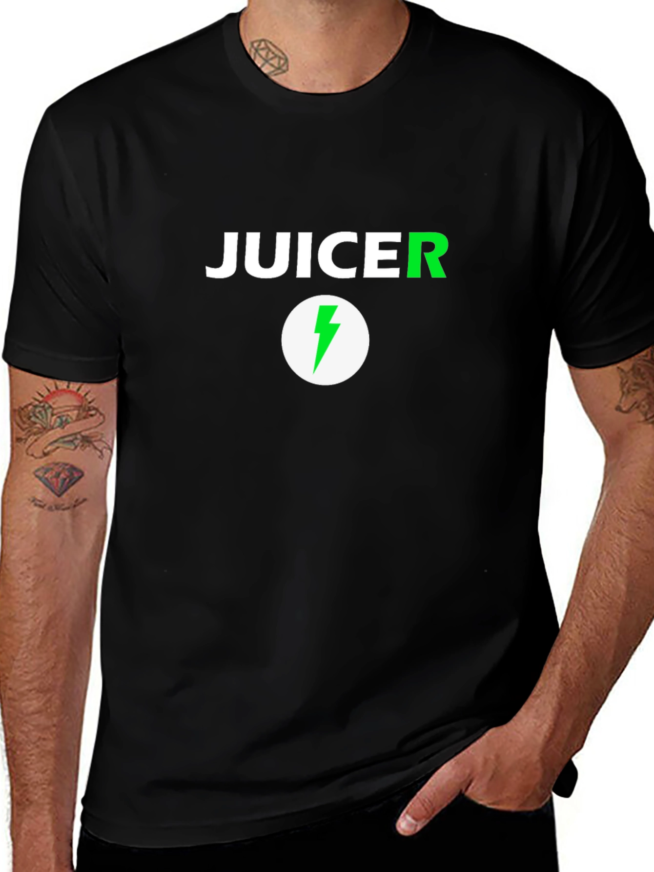 Juicer Black T-Shirt with Green Lightning Bolt Logo