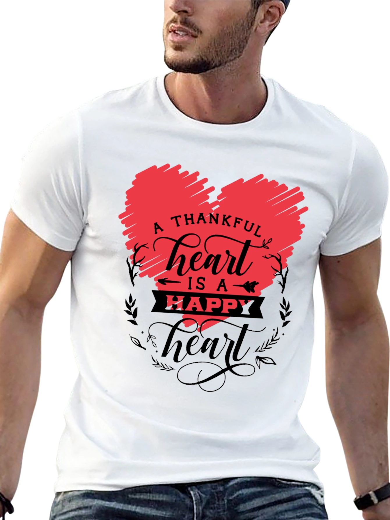 Thankful Heart Graphic Tee -  Crew Neck Black T-Shirt