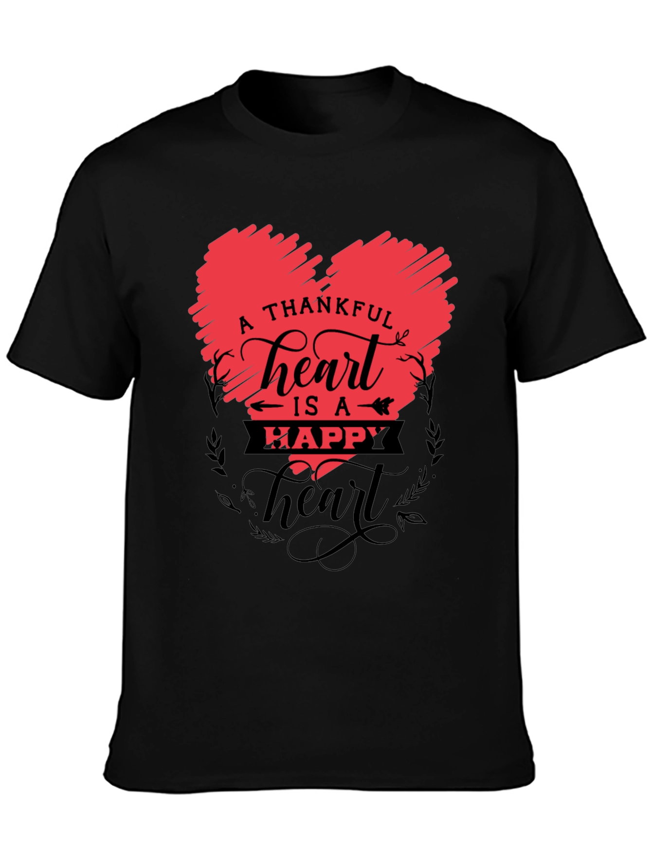 Thankful Heart Graphic Tee -  Crew Neck Black T-Shirt