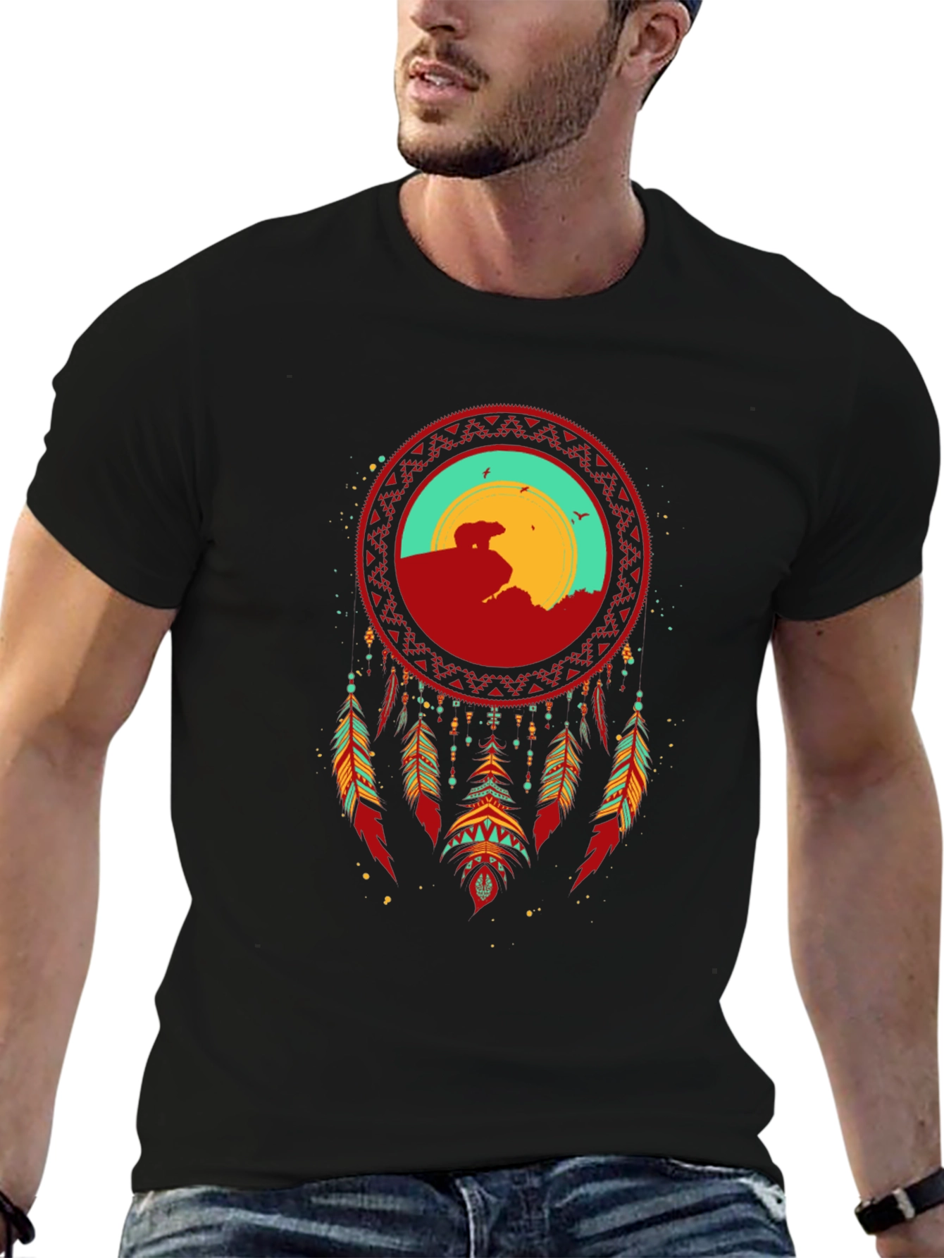 Dreamcatcher Bear Graphic T-Shirt - Black