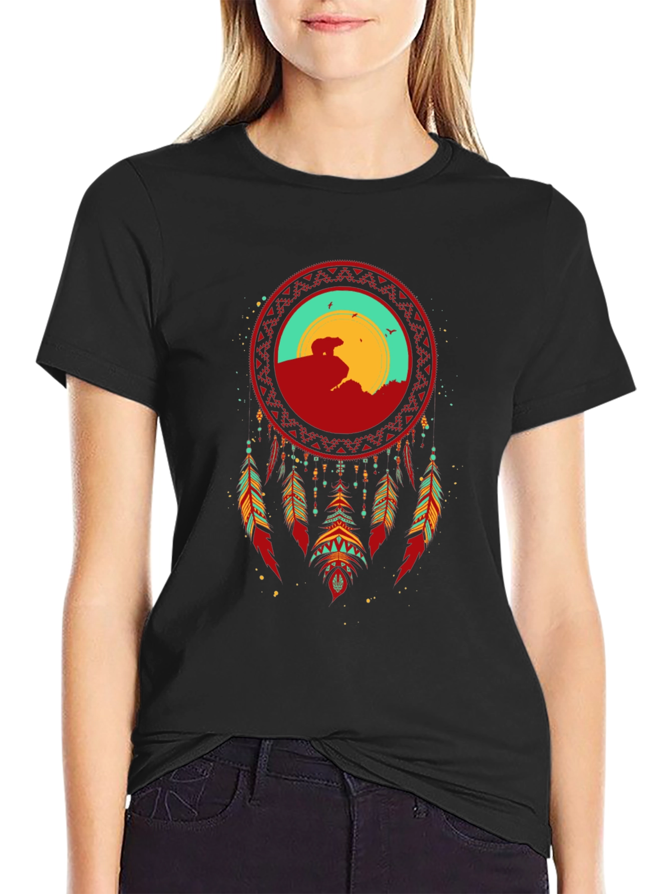 Dreamcatcher Bear Graphic T-Shirt - Black