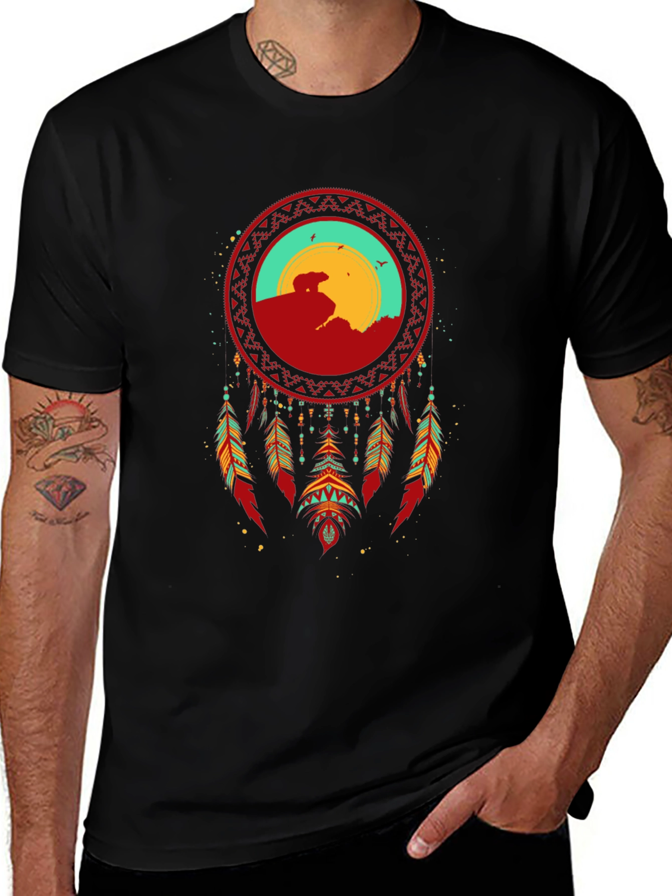 Dreamcatcher Bear Graphic T-Shirt - Black