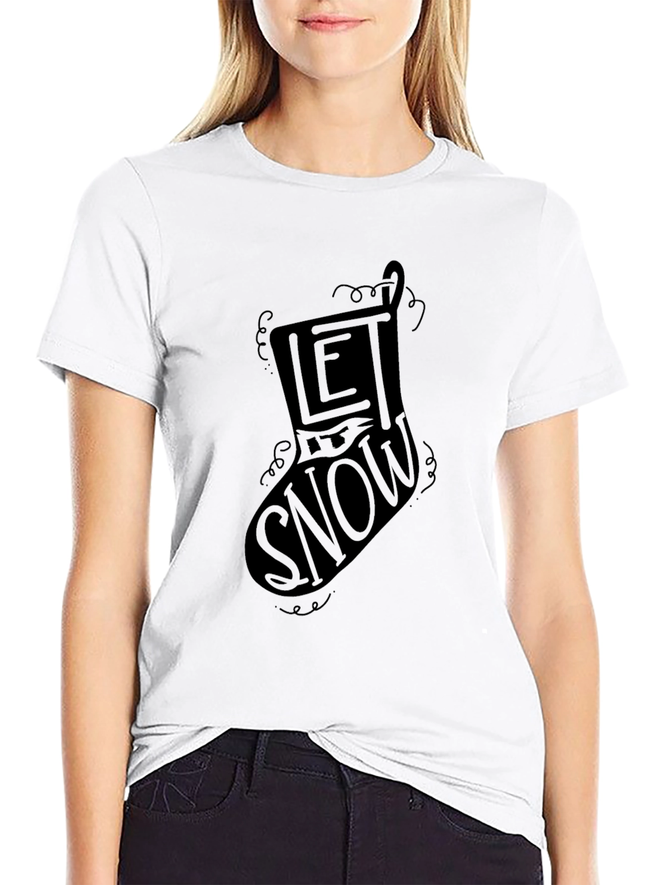 Let It Snow Christmas Stocking Graphic Tee - Black