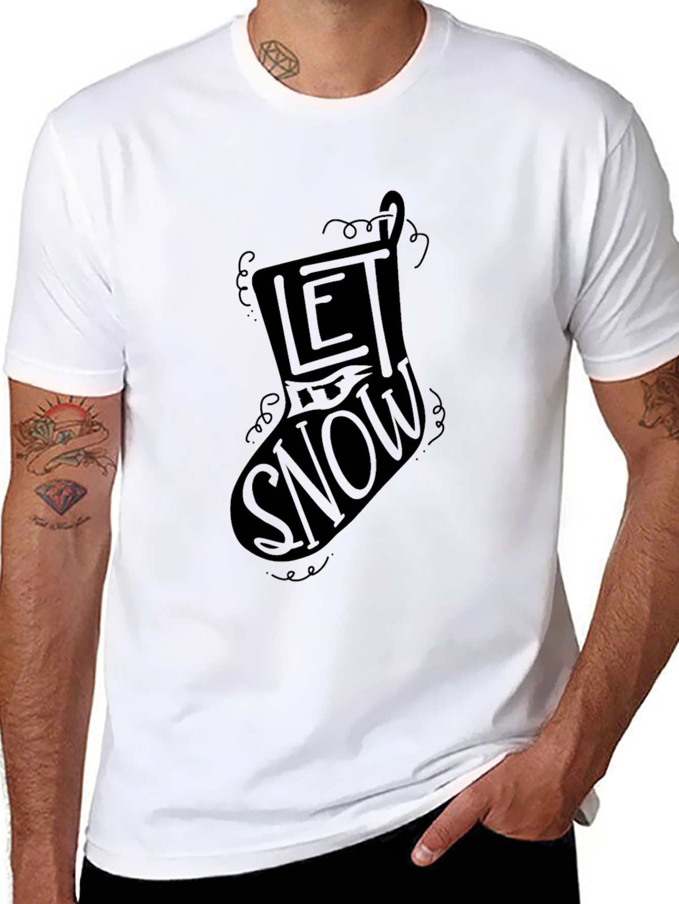 Let It Snow Christmas Stocking Graphic Tee - Black