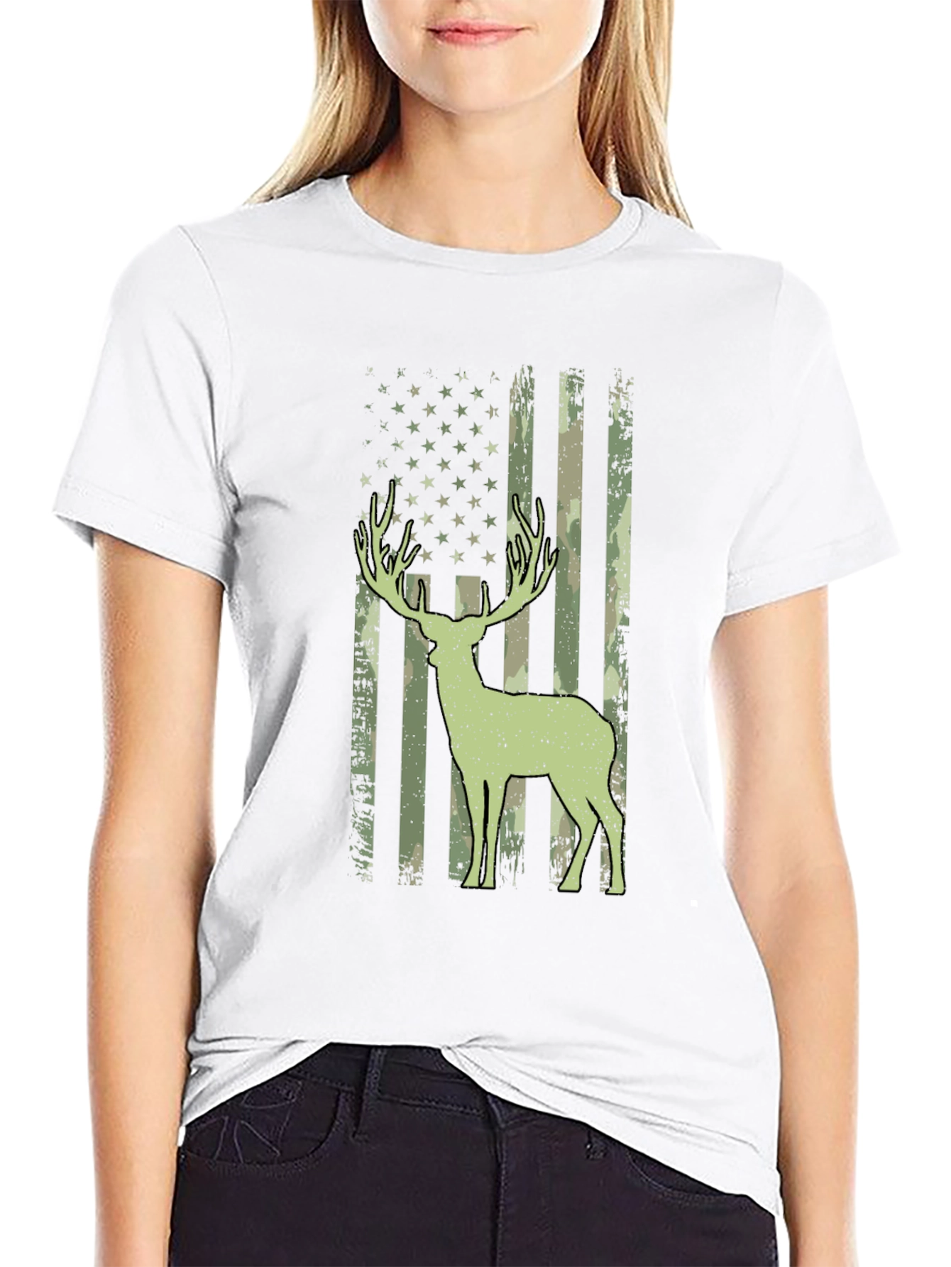Camouflage Deer American Flag T-Shirt
