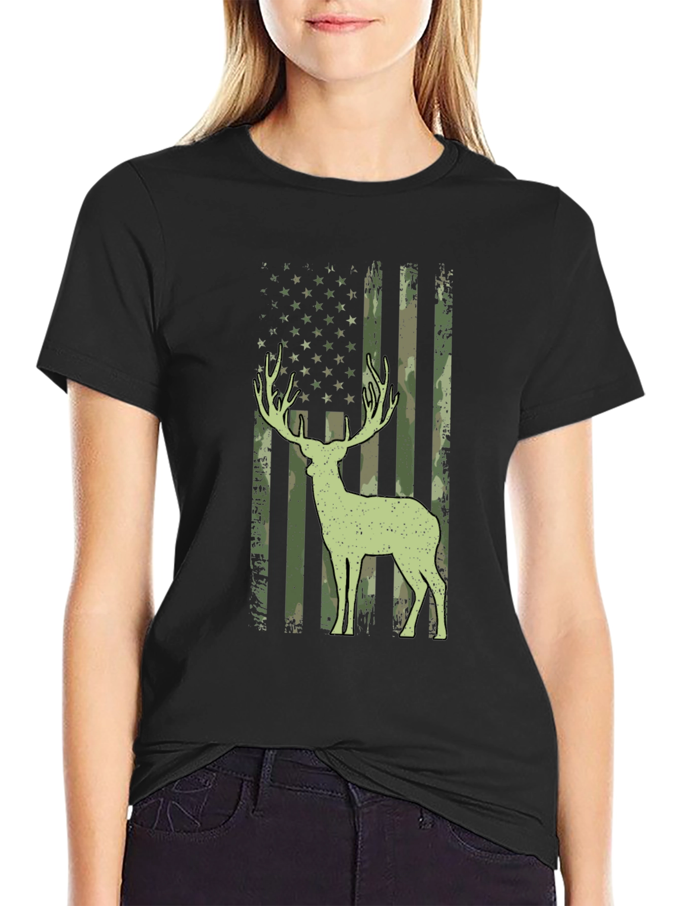 Camouflage Deer American Flag T-Shirt