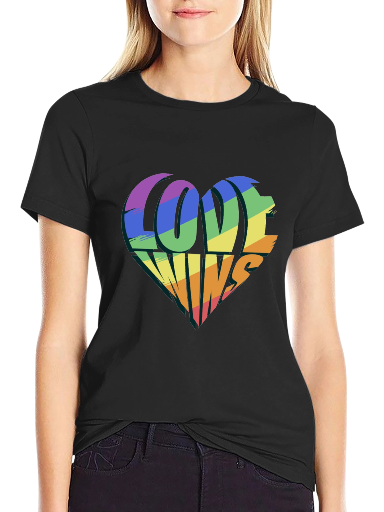 Love Wins Rainbow Heart Graphic Tee - Black