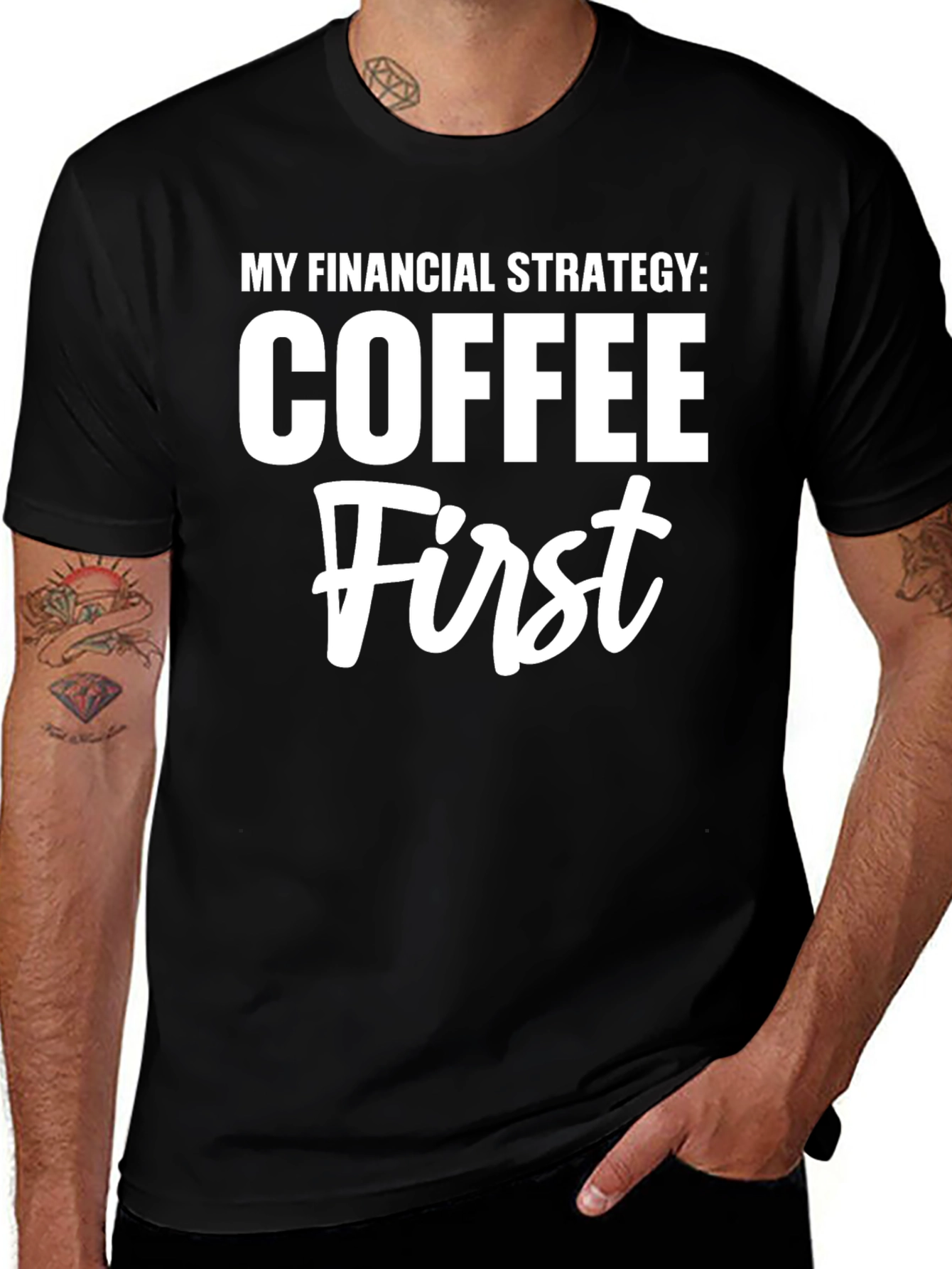 Coffee First T-Shirt Funny Financial Strategy Tee