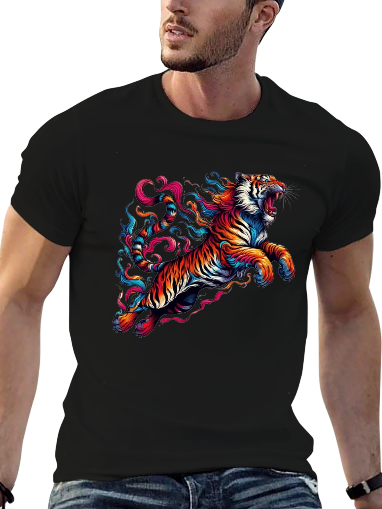 Vibrant Tiger Graphic Black T-Shirt