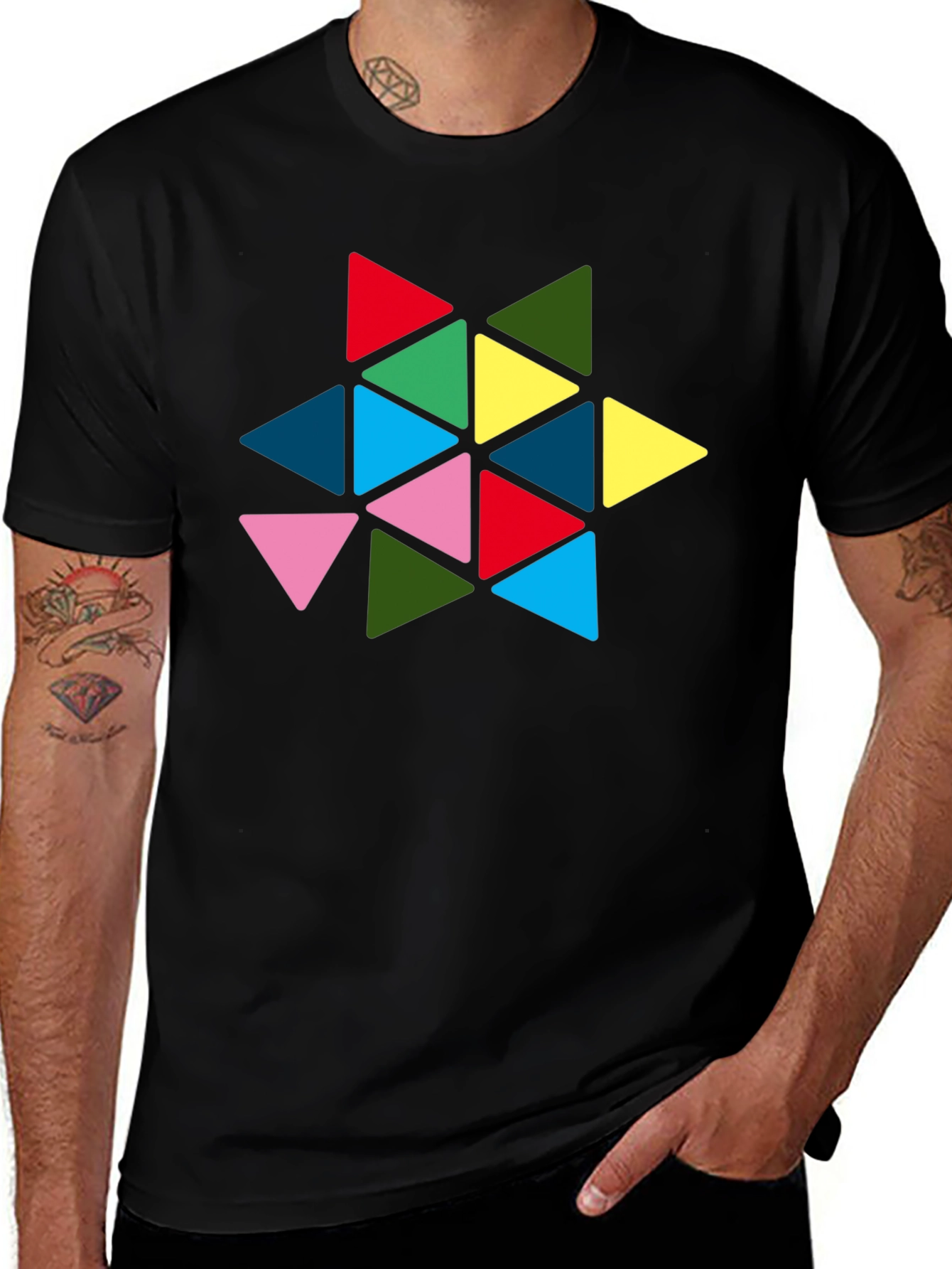 Geometric Triangle Star Graphic Tee - Black