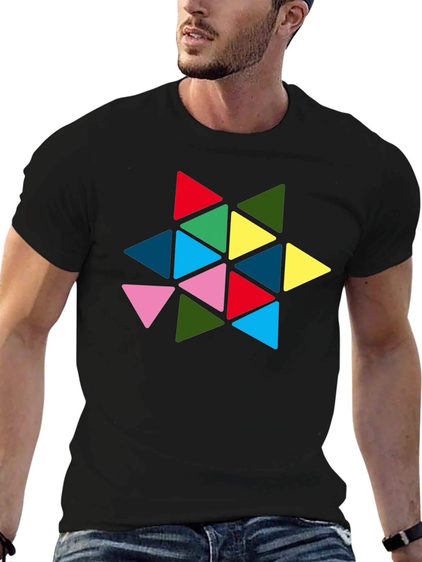 Geometric Triangle Star Graphic Tee - Black