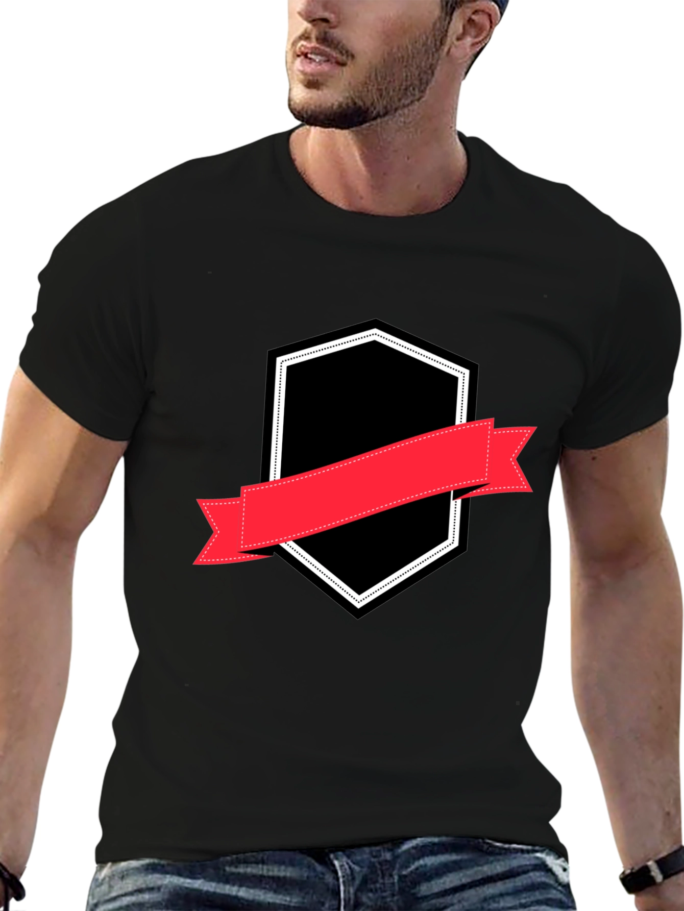 Mens Black T-Shirt with Badge Graphic