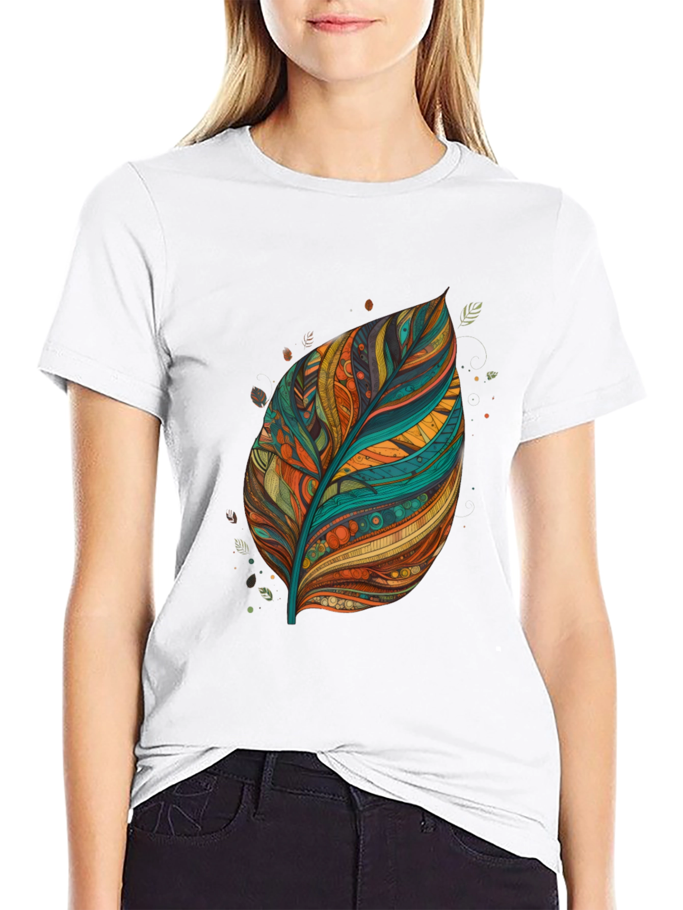 Artistic Feather Print Black T-Shirt
