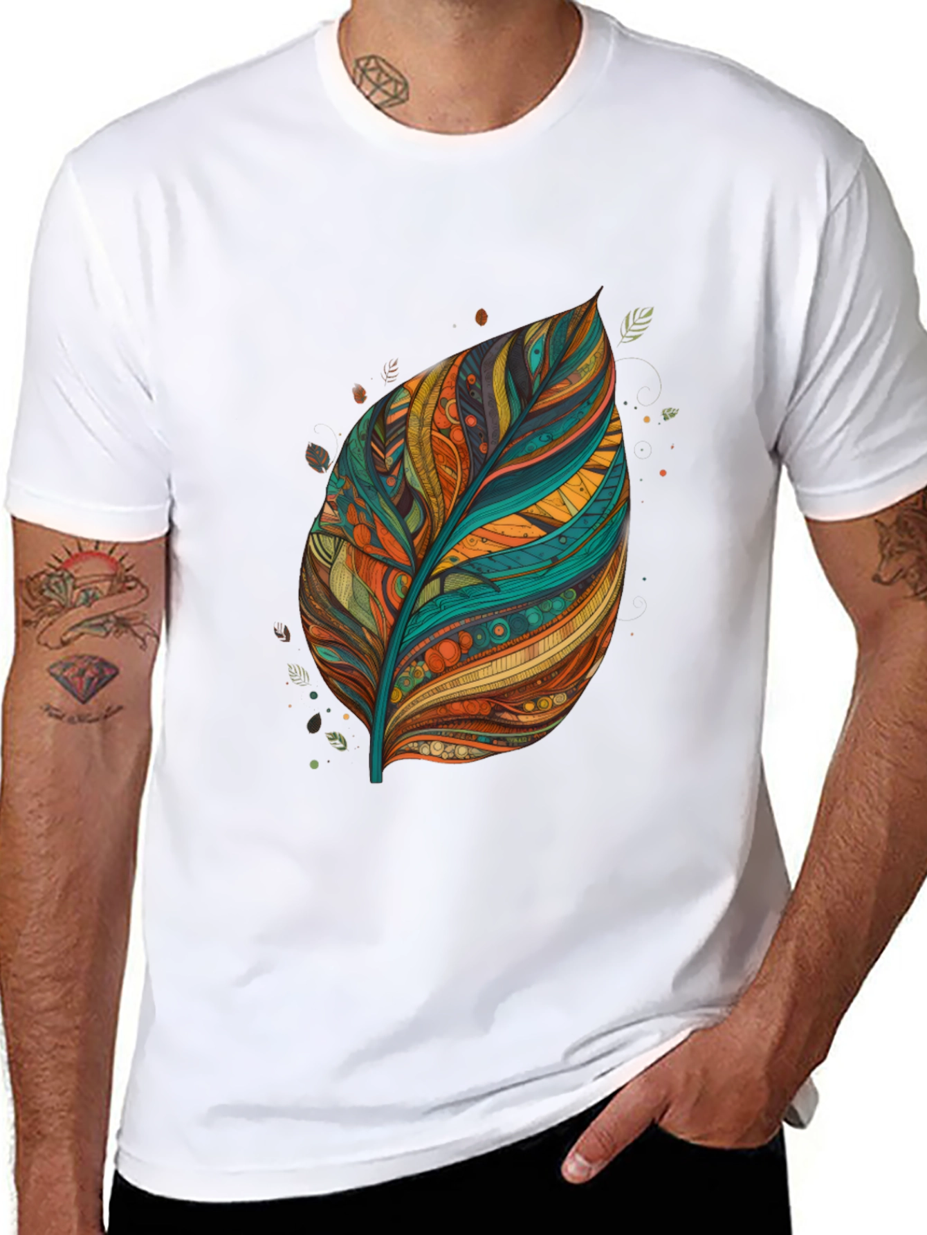 Artistic Feather Print Black T-Shirt