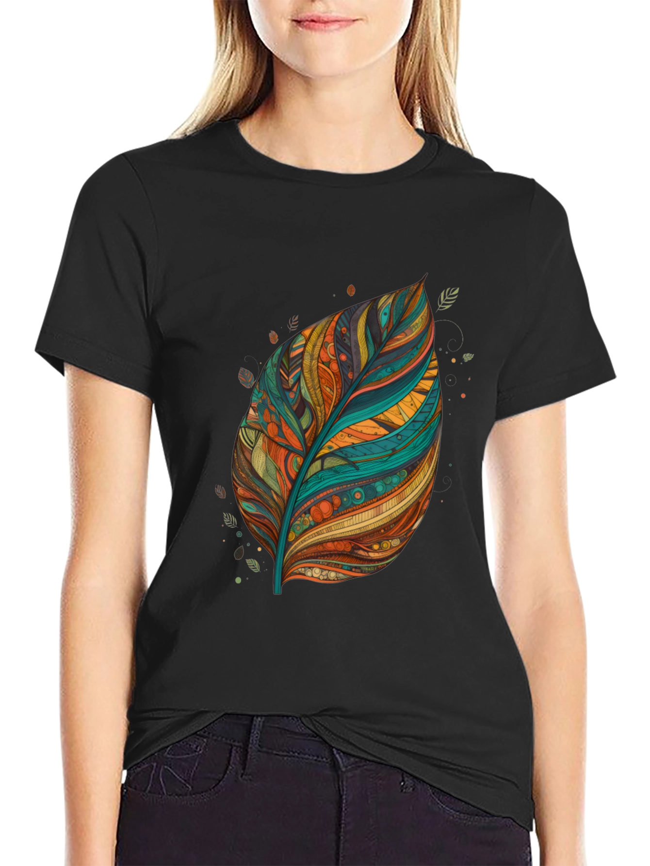 Artistic Feather Print Black T-Shirt