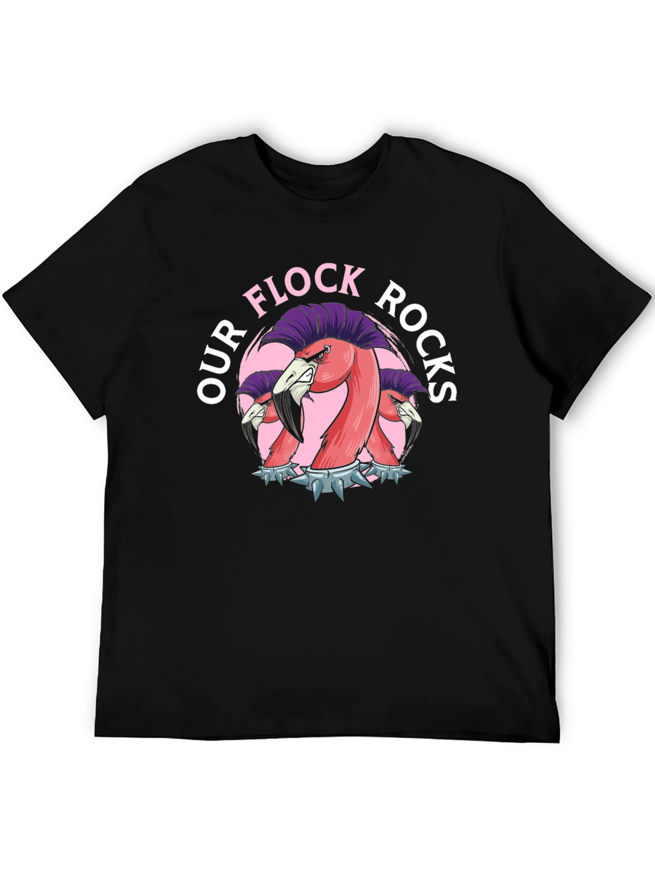 Our Flock Rocks T-Shirt - Punk Flamingo Design