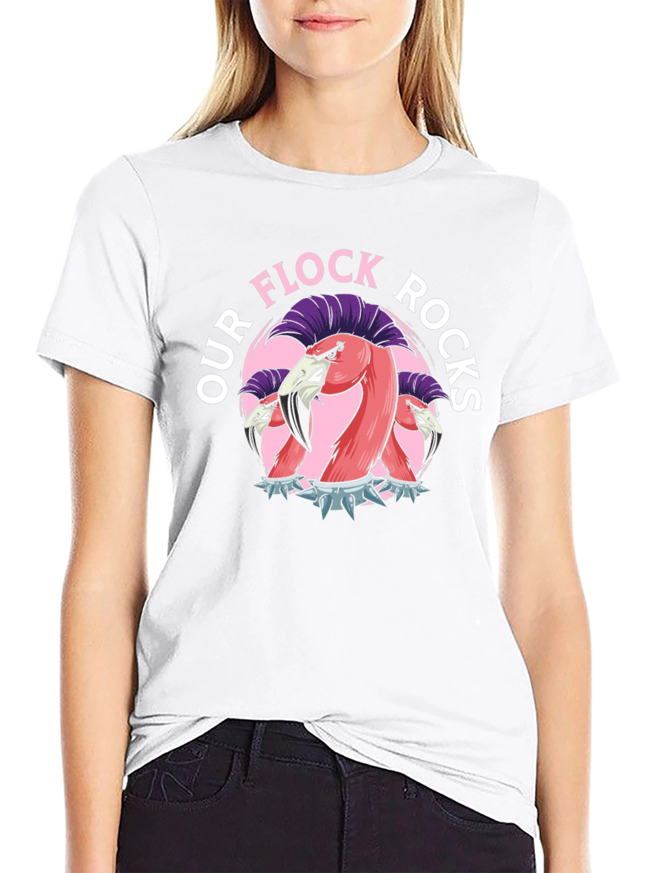 Our Flock Rocks T-Shirt - Punk Flamingo Design