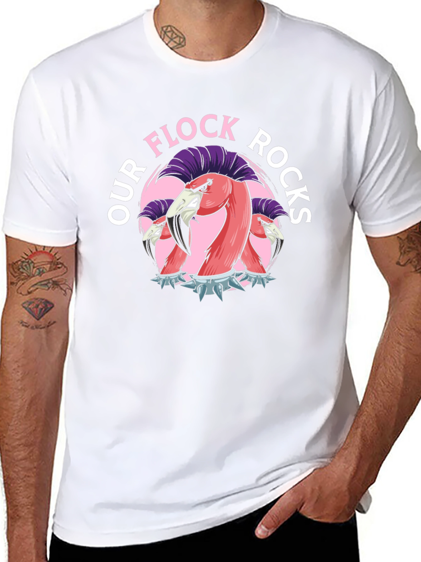 Our Flock Rocks T-Shirt - Punk Flamingo Design