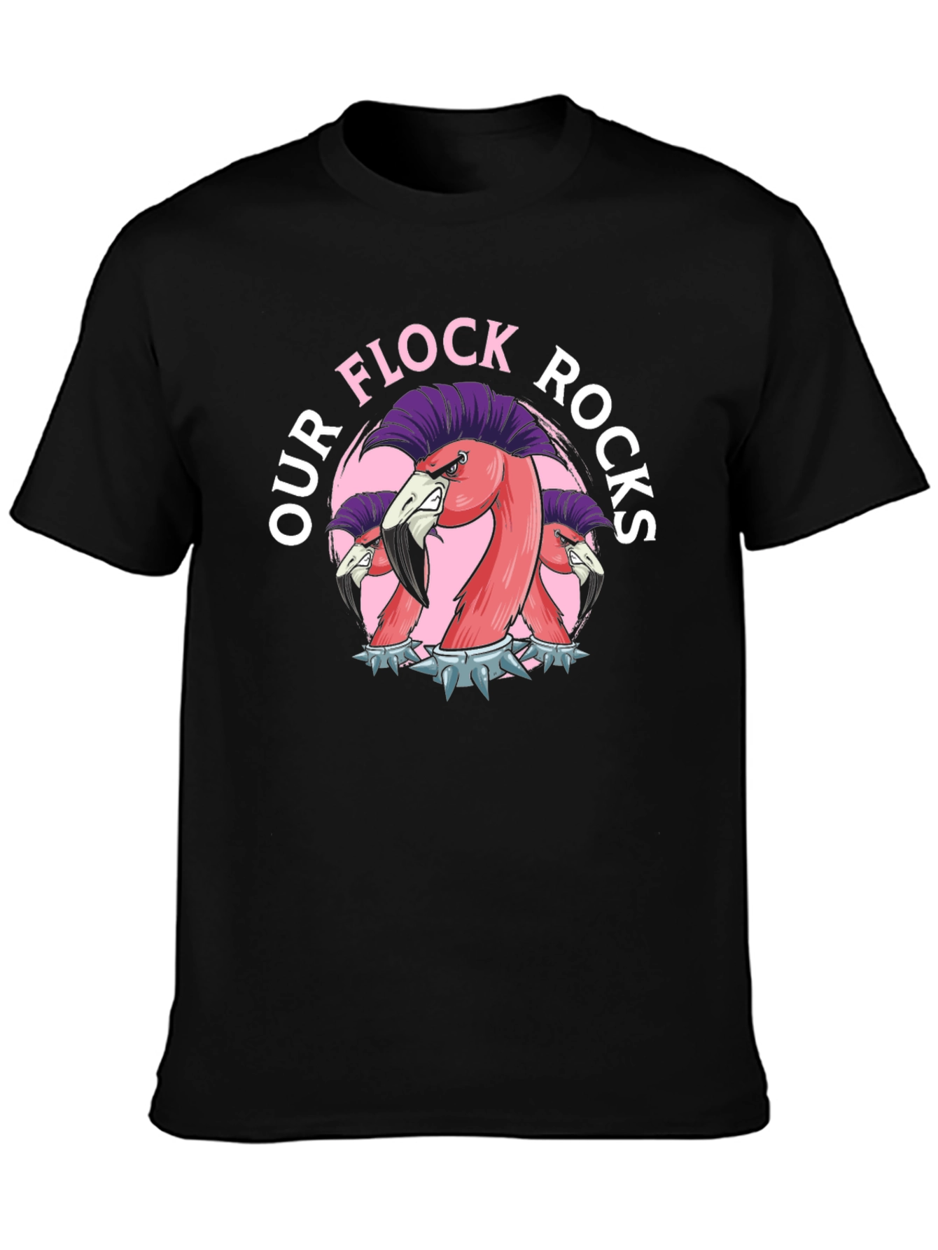 Our Flock Rocks T-Shirt - Punk Flamingo Design