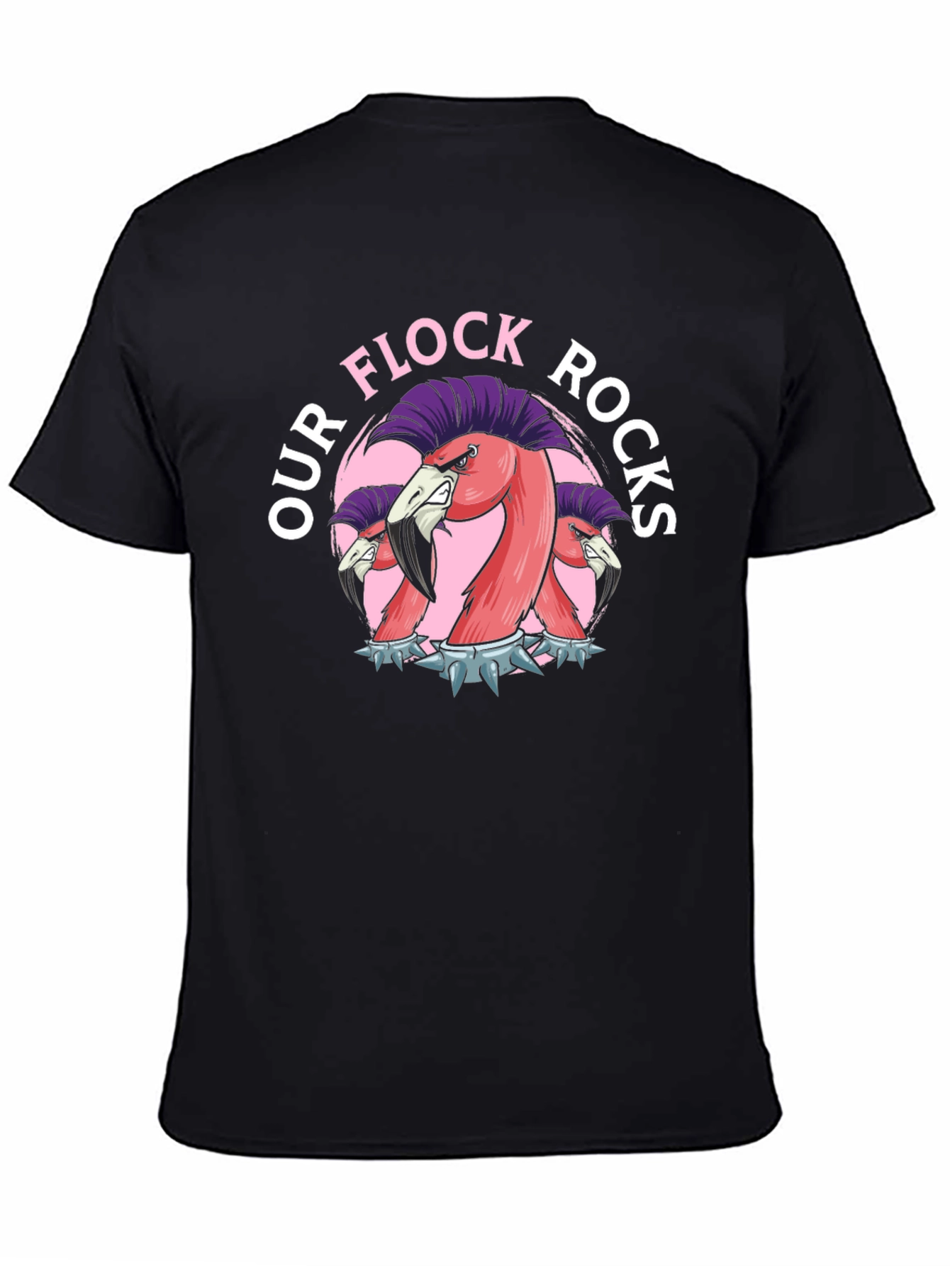 Our Flock Rocks T-Shirt - Punk Flamingo Design