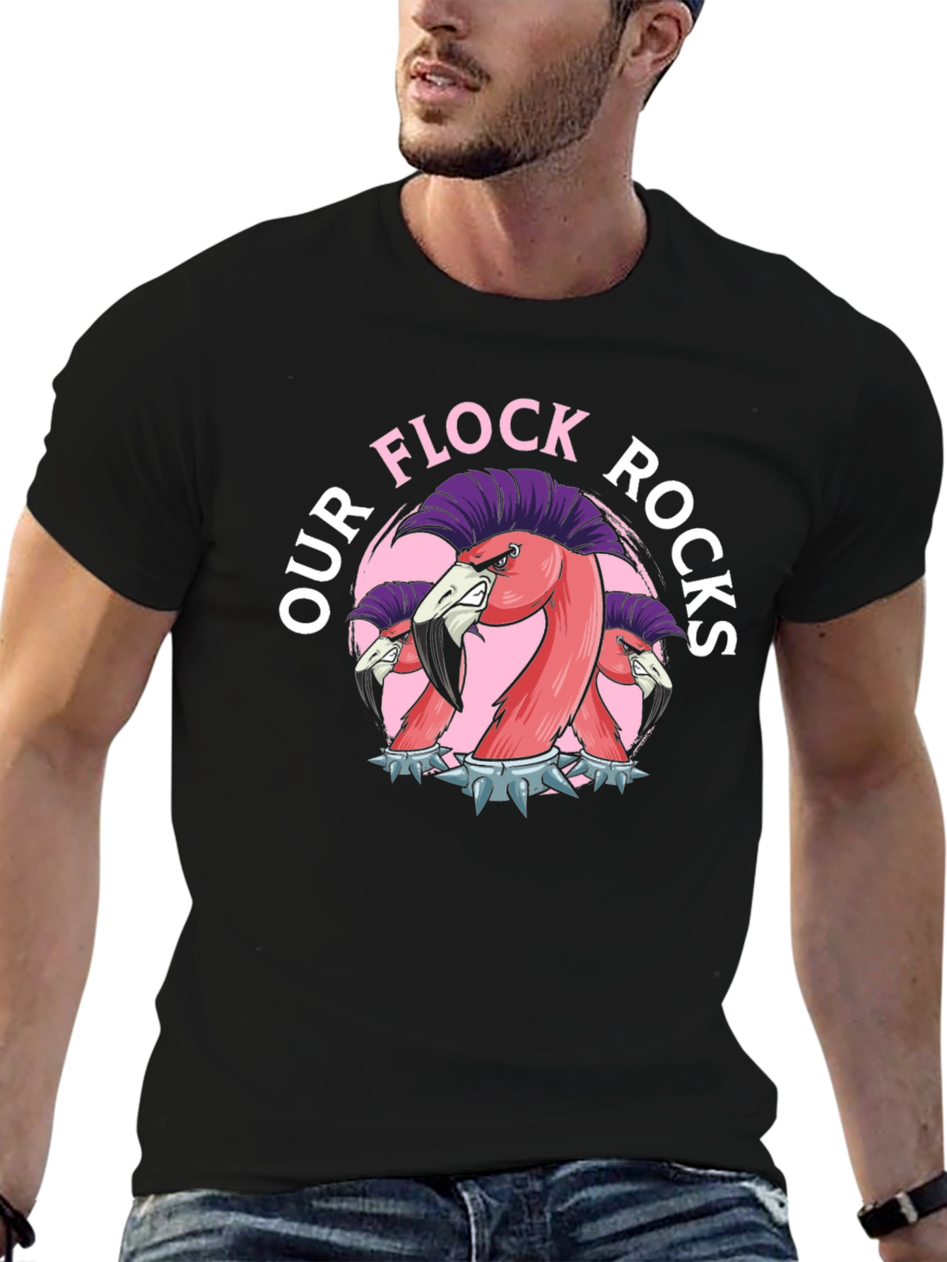 Our Flock Rocks T-Shirt - Punk Flamingo Design