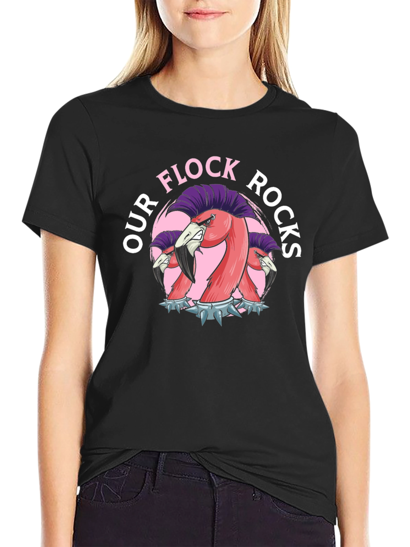 Our Flock Rocks T-Shirt - Punk Flamingo Design