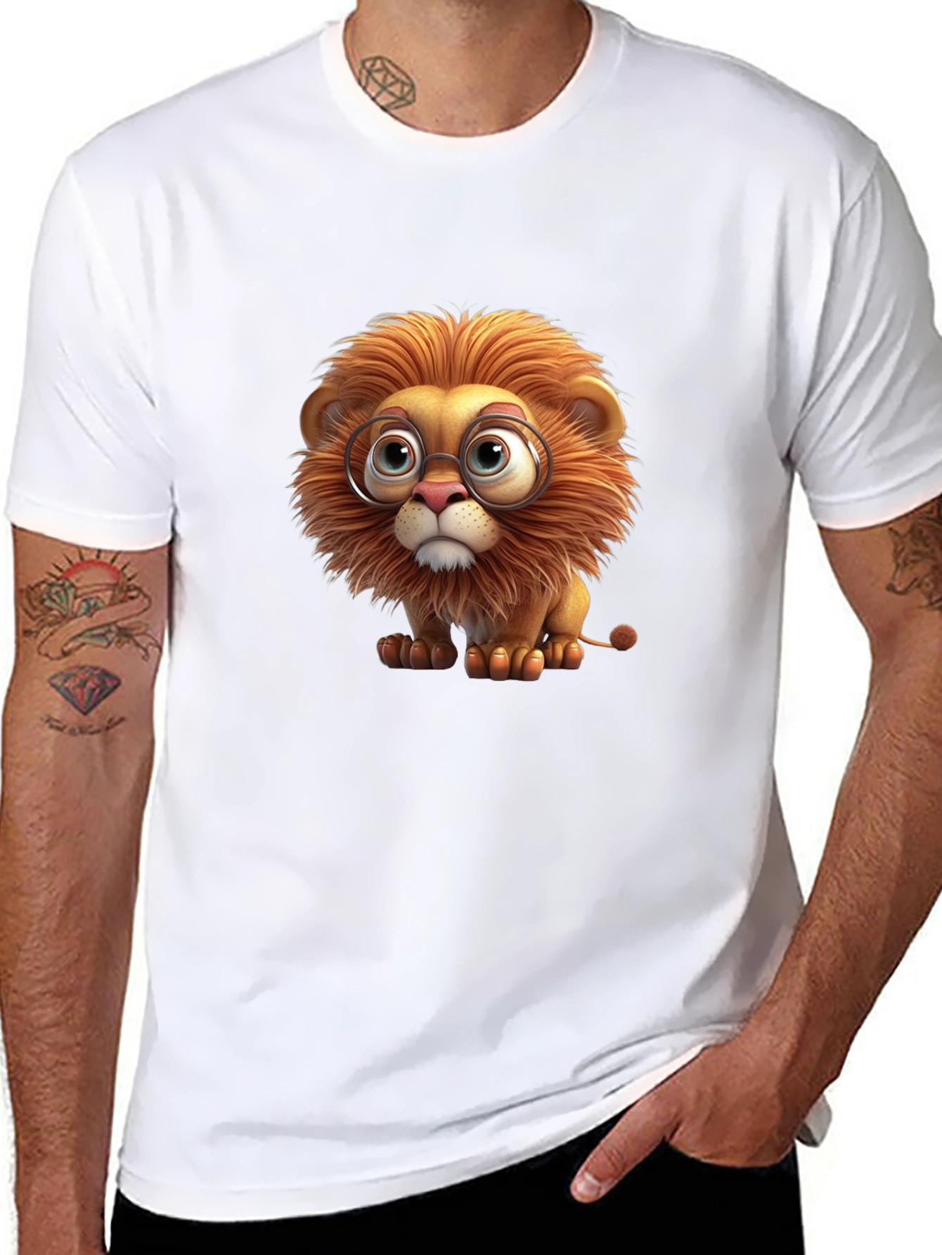 Lion with Glasses Black T-Shirt
