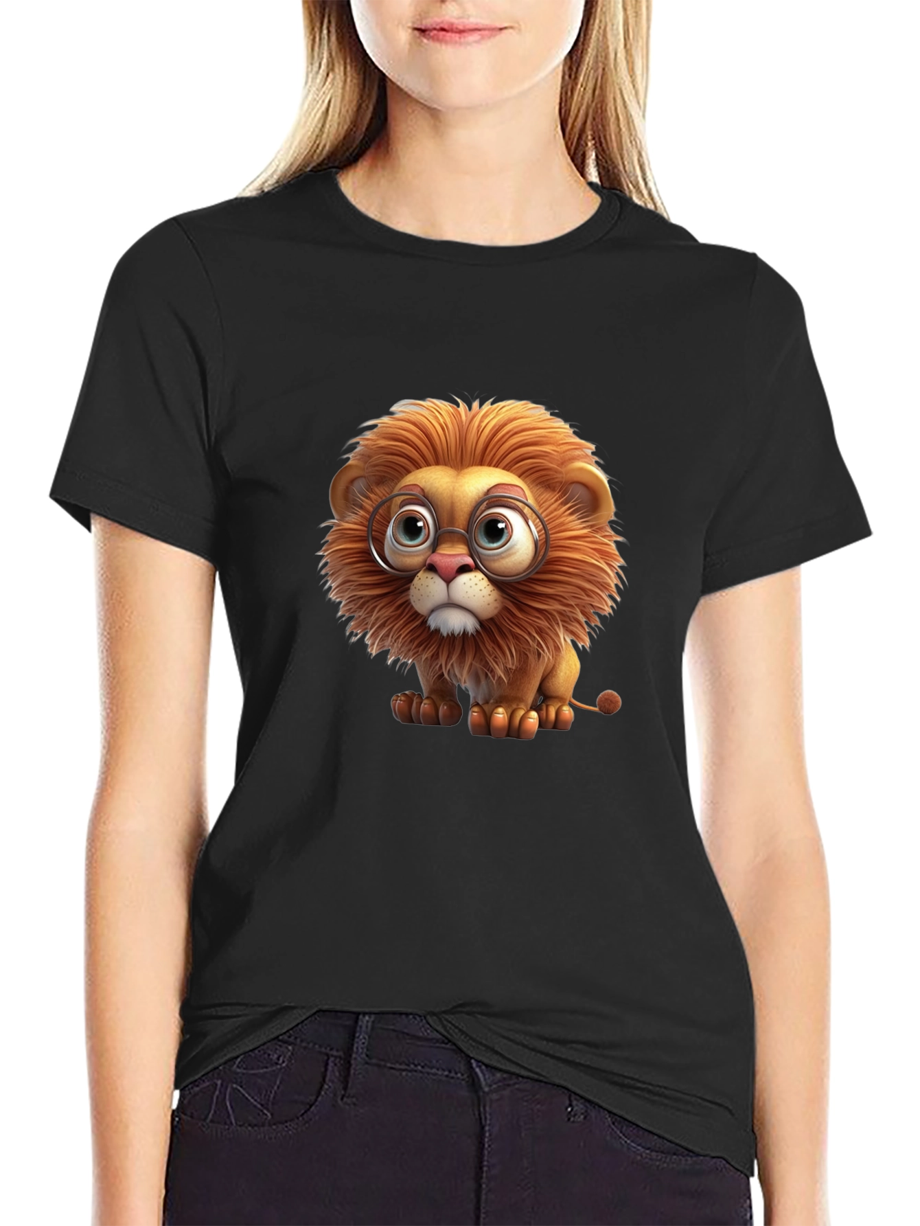 Lion with Glasses Black T-Shirt