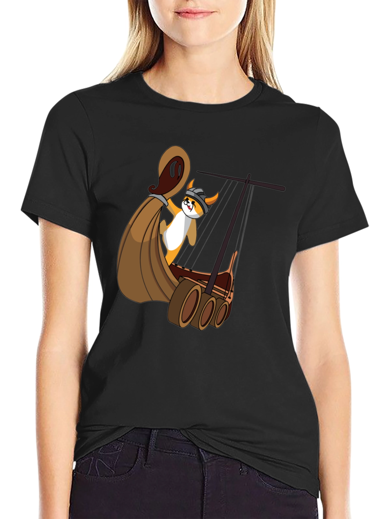 Viking Corgi Boat T-Shirt - Black