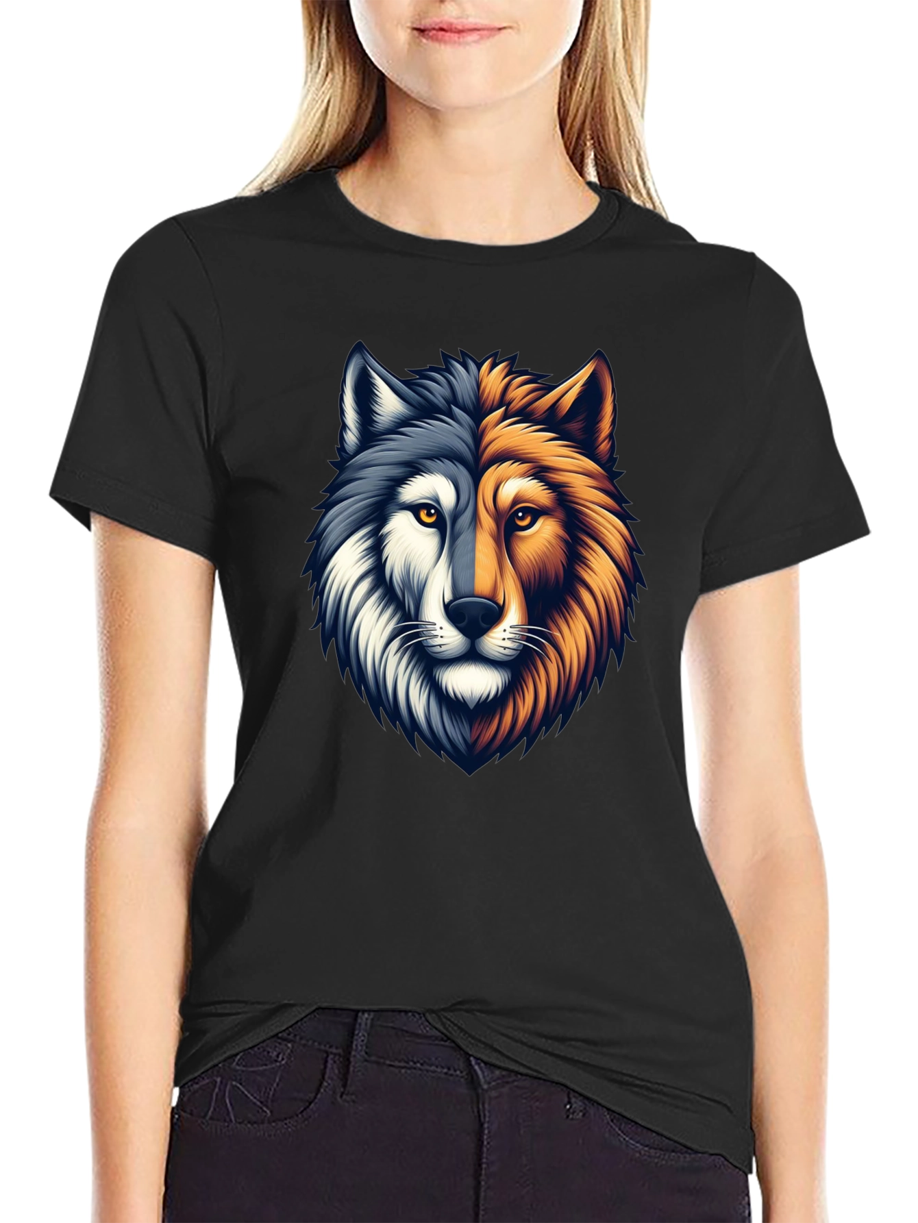 Two-Faced Wolf Graphic T-Shirt - Black