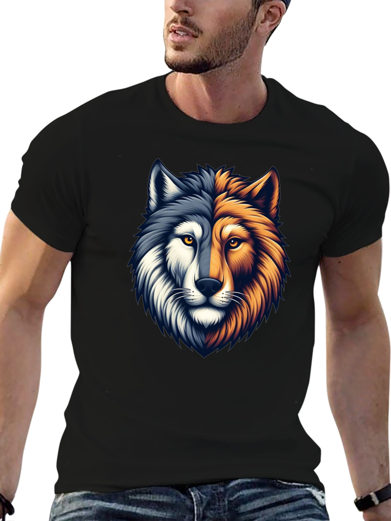 Two-Faced Wolf Graphic T-Shirt - Black