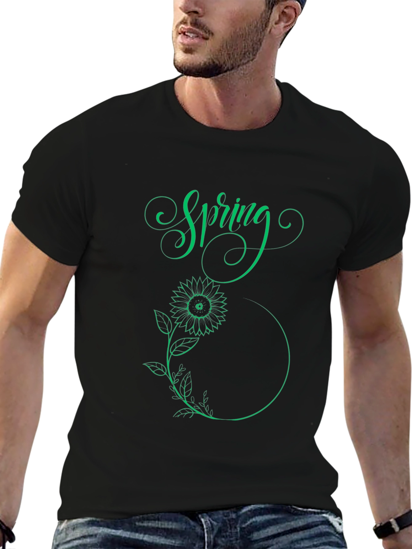 Spring Sunflower Graphic Tee - Black Cotton T-Shirt