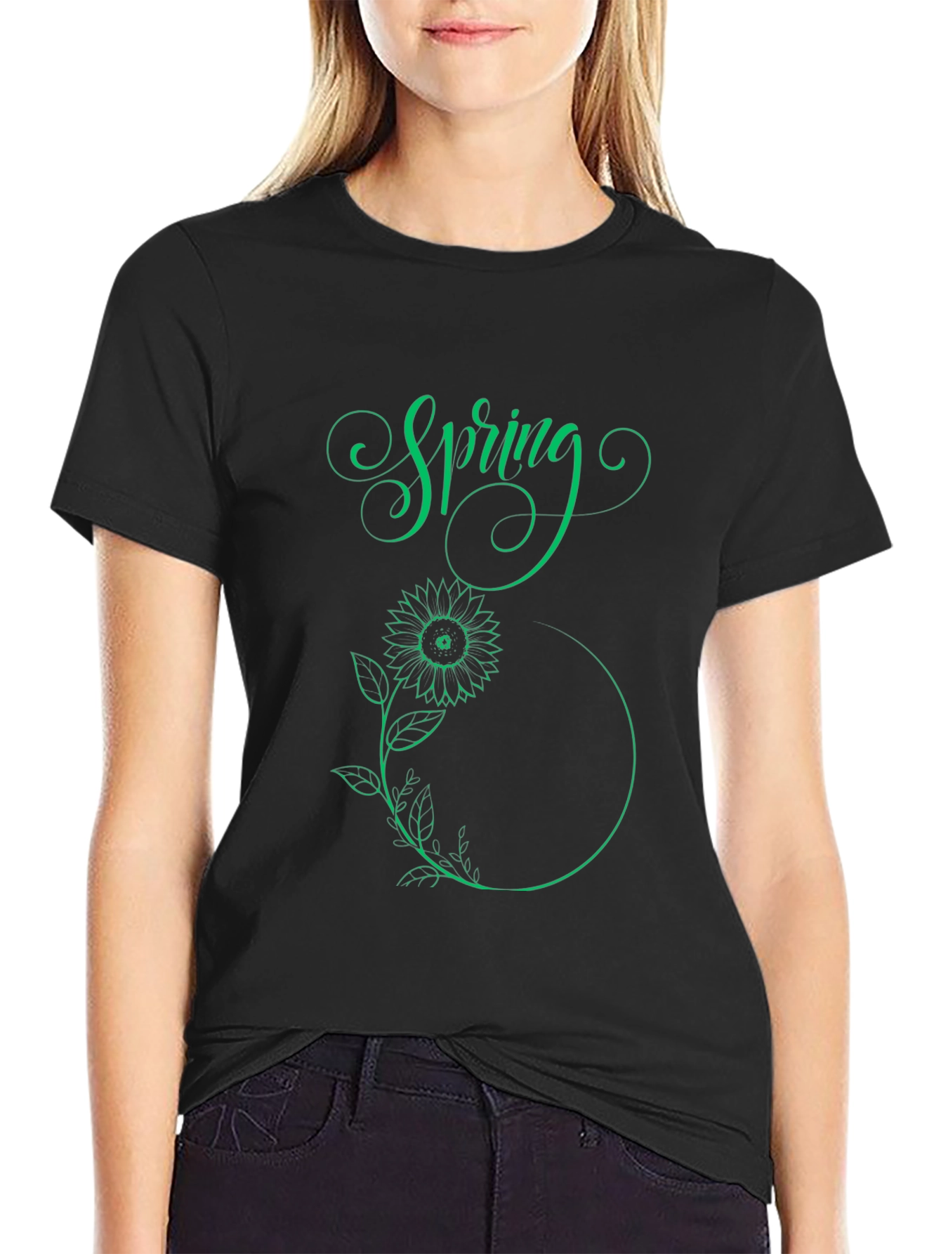 Spring Sunflower Graphic Tee - Black Cotton T-Shirt