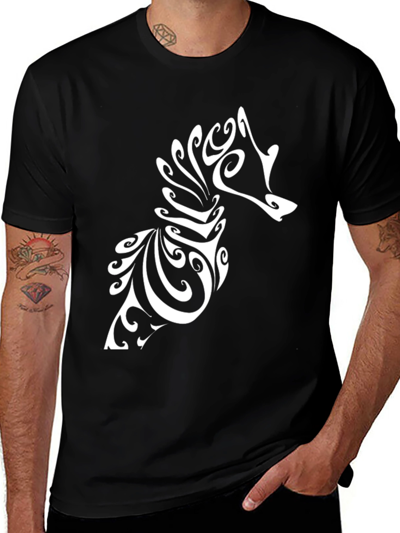 Tribal Seahorse Graphic Tee - Black Cotton T-Shirt