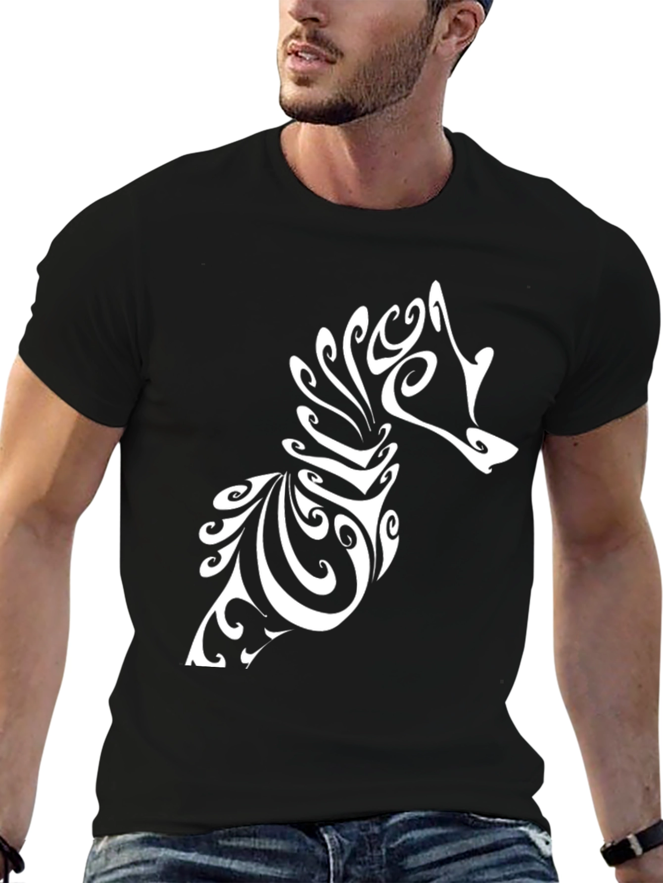 Tribal Seahorse Graphic Tee - Black Cotton T-Shirt