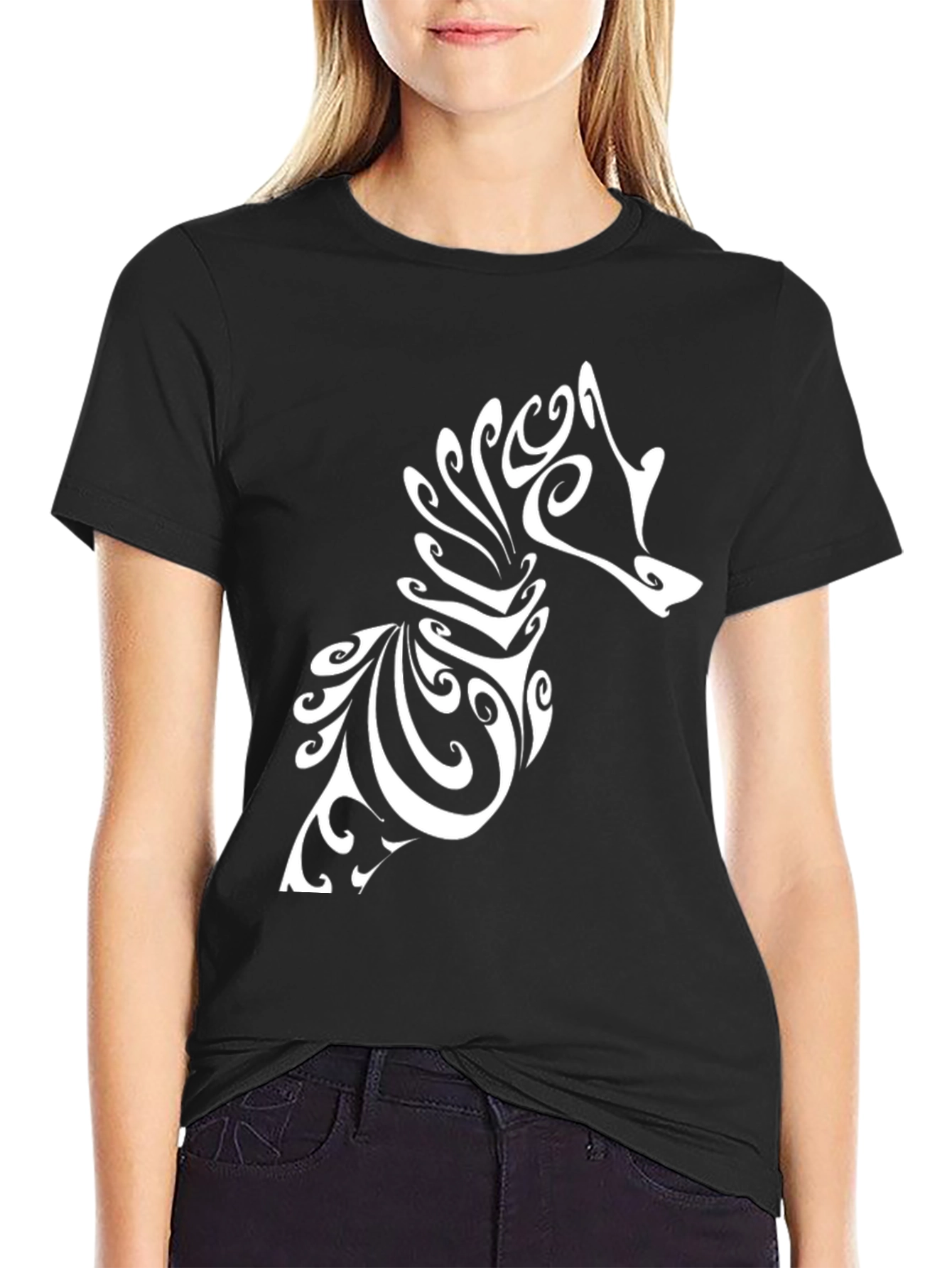 Tribal Seahorse Graphic Tee - Black Cotton T-Shirt