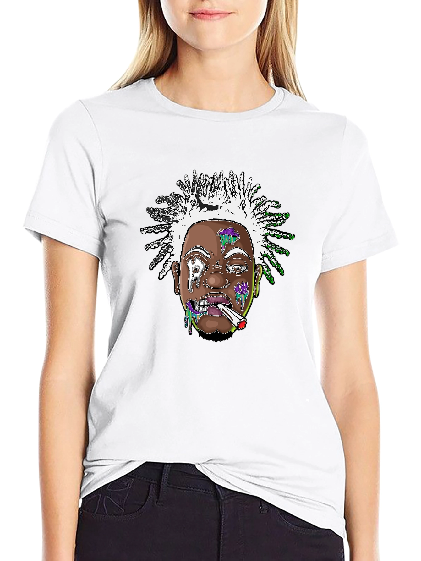 Edgy Cartoon Graphic Tee - Black Cotton Blend