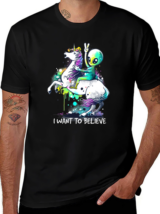 Alien Riding Unicorn T-Shirt - I Want To Believe