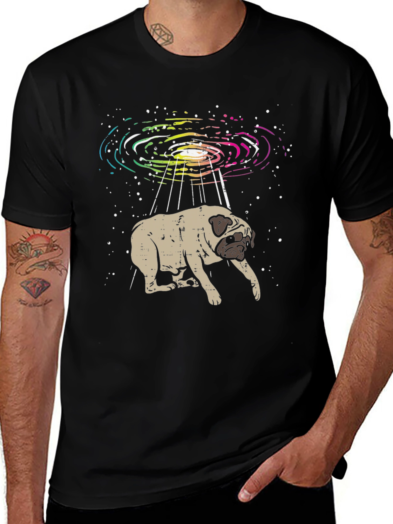 UFO Pug Graphic Tee - Alien Abduction T-Shirt