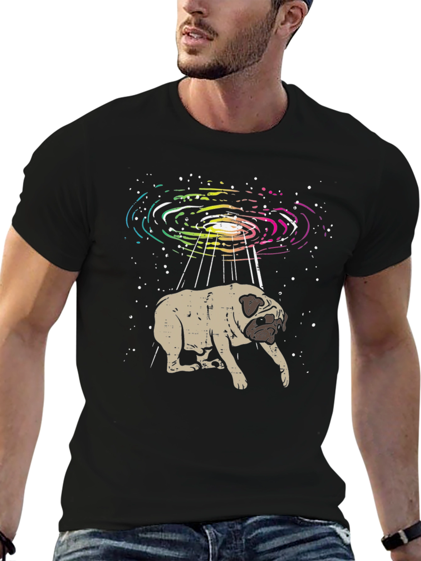 UFO Pug Graphic Tee - Alien Abduction T-Shirt