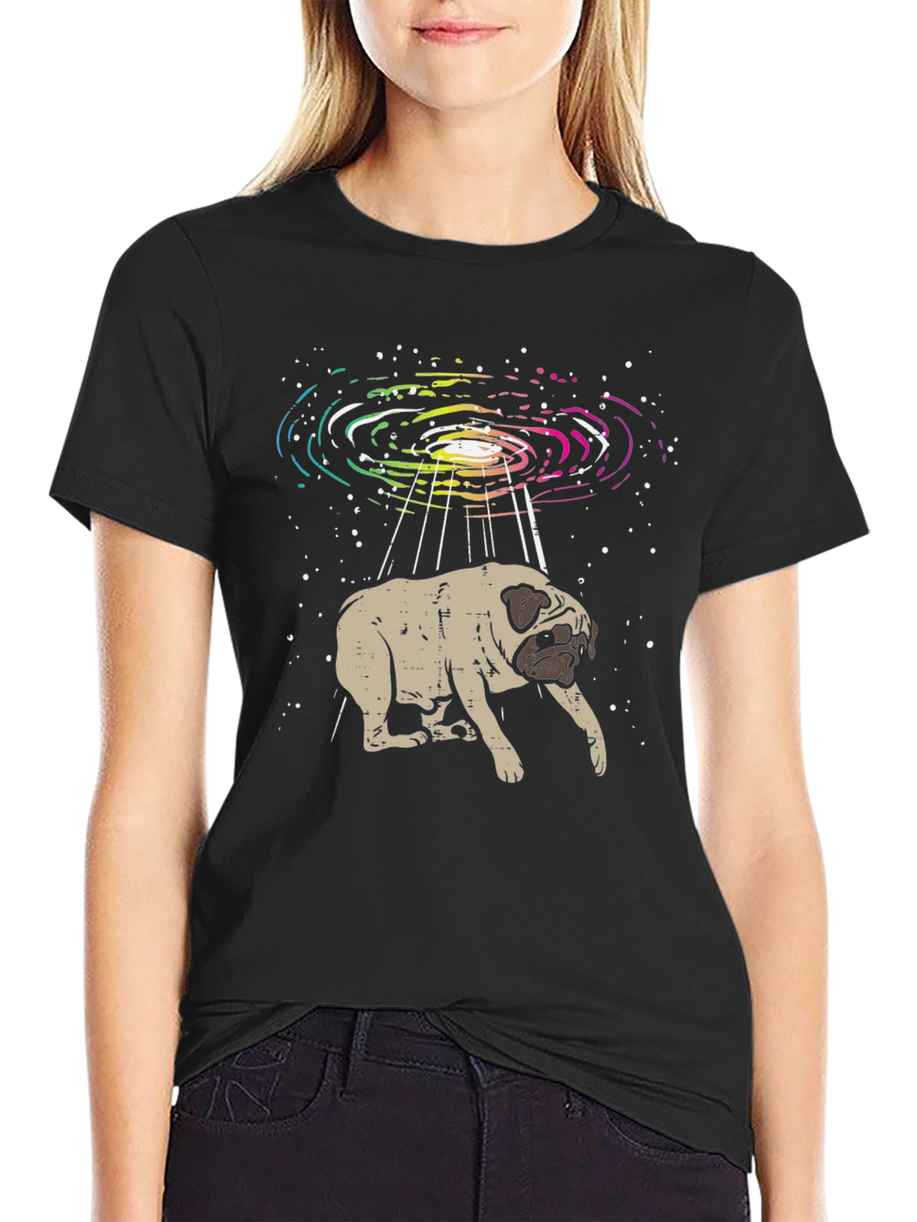 UFO Pug Graphic Tee - Alien Abduction T-Shirt