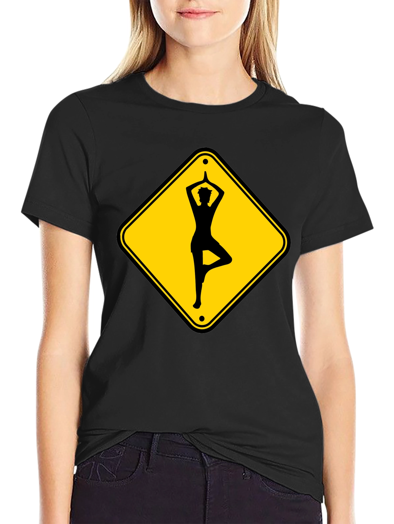 Yoga Pose Road Sign Black T-Shirt